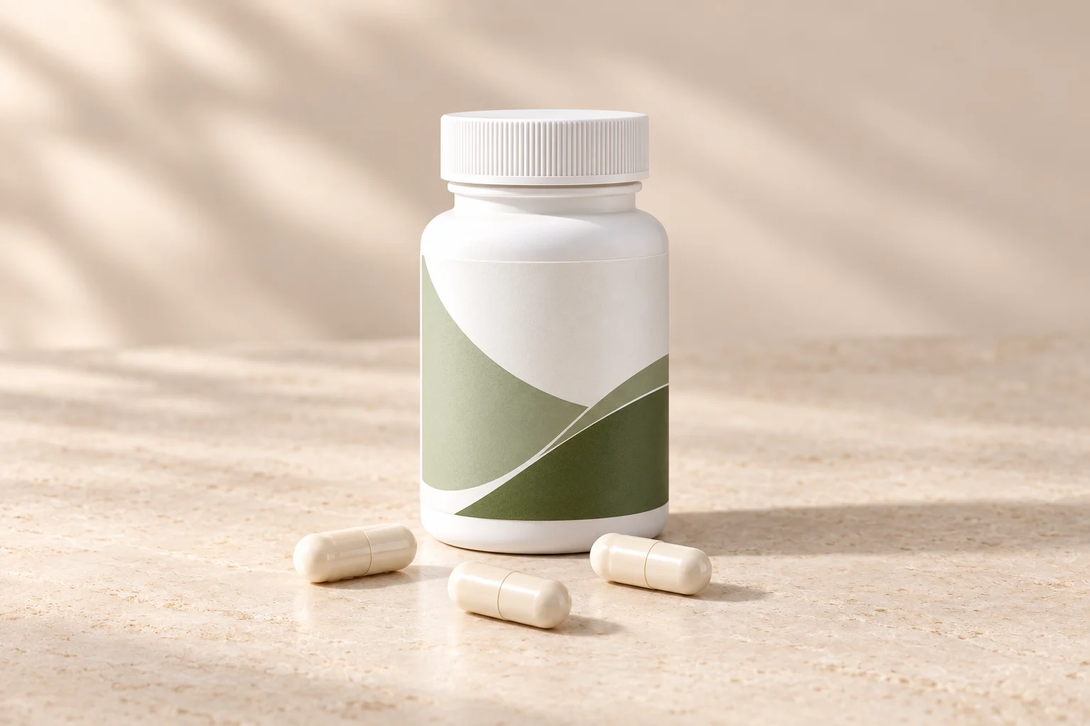 White capsule bottle and ivory capsules in an illustrative packaging concept.