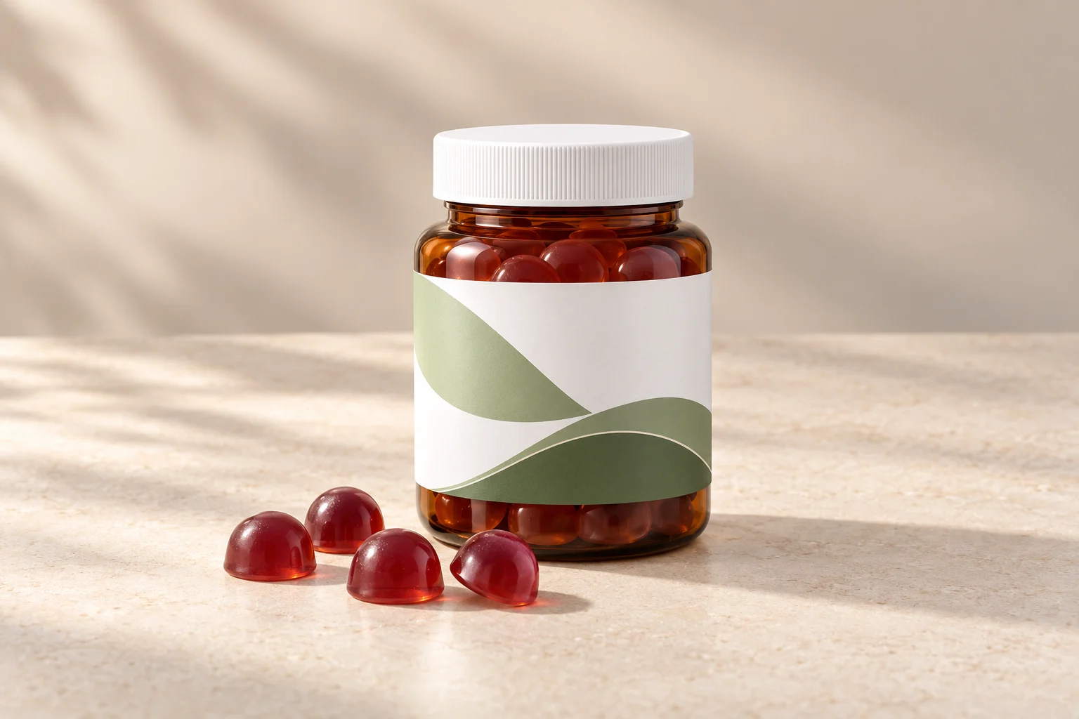Amber gummy jar and dome-shaped gummies in an illustrative packaging concept.